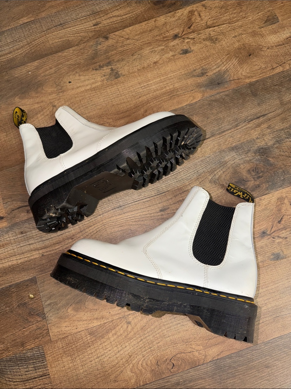 Dr. Martens White Leather Chelsea Lug Boots with Yellow Stitching